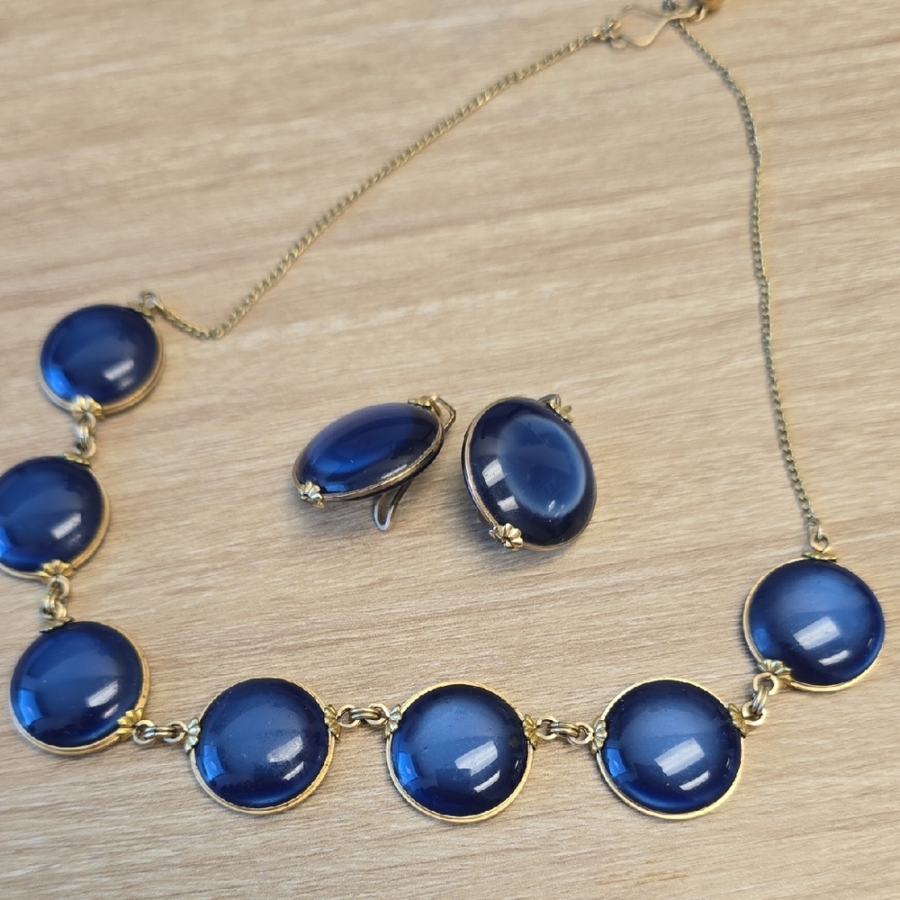 Gold-Tone Necklace & Clip Earrings Set with Deep Blue Cabochons